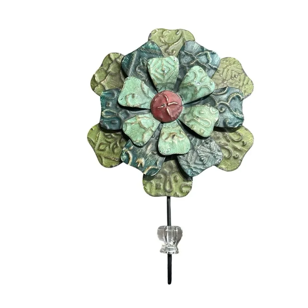 Vintage Pottery Barn Decorative Wall Hook Amber Green Metal Flower Accent Hanger